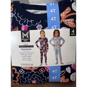 Member's Mark Girls 4 Piece Organic Cotton Pajama Set Floral 4T Navy Light Blue